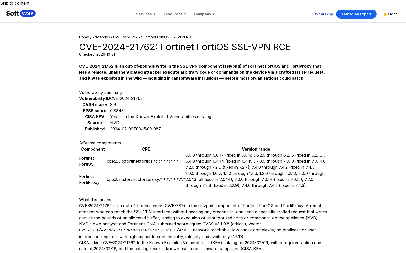 Screenshot of a SoftWSP advisory page with CVSS, EPSS and KEV status