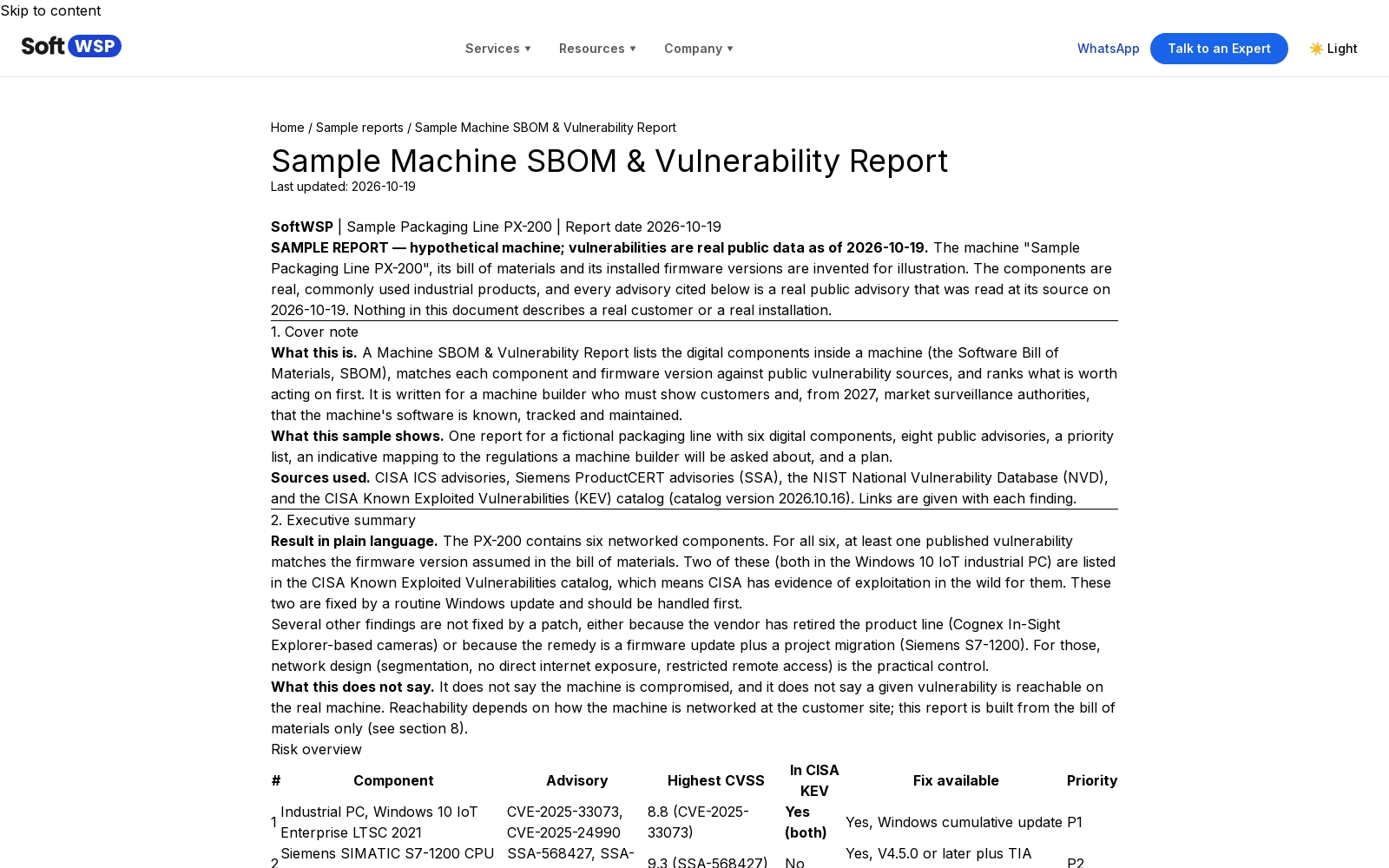 Screenshot of the sample Machine SBOM & Vulnerability Report